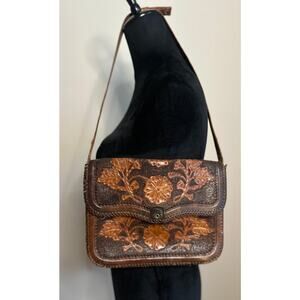 VINTAGE Western Tooled Leather Floral Saddle Brown Shoulder Bag